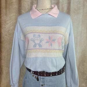 Vintage 90s Teddy Bear Collared Sweater Patchwork Knit Pastel Cottage Grandma